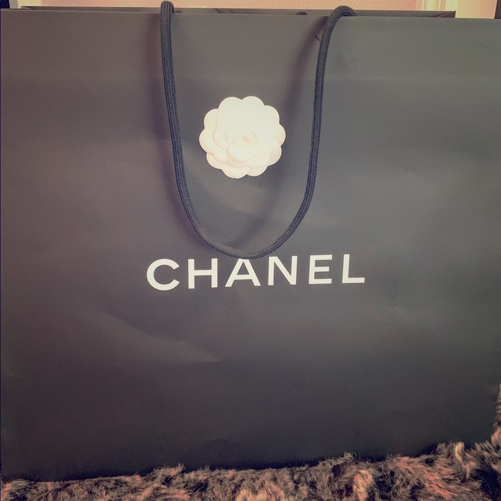 Black Chanel Paper Bag with White Camellia Flower